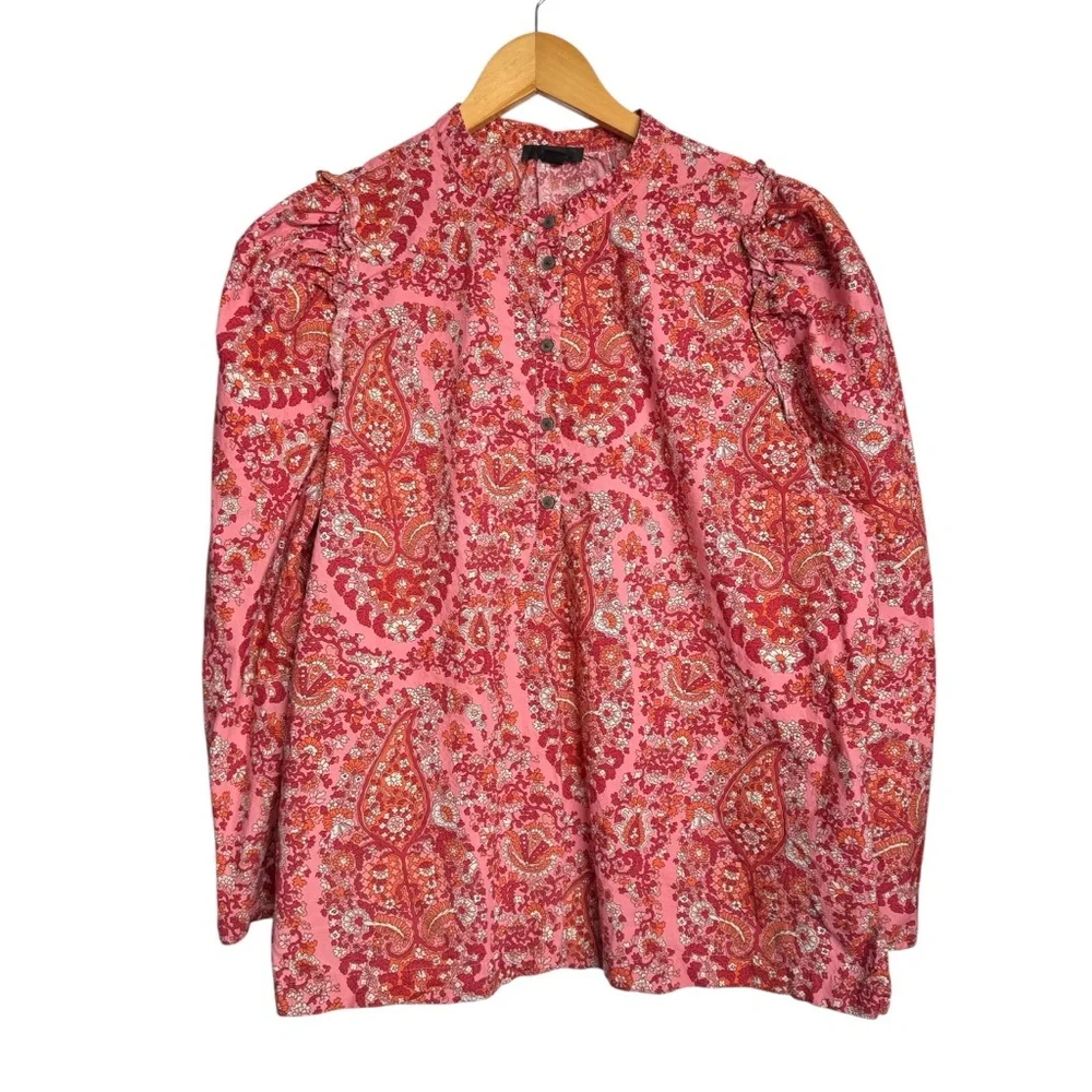J. Crew Puff Sleeve Top Blouse Oversized Paisley Print Pink Women Size XL Ruffle - Picture 2 of 13